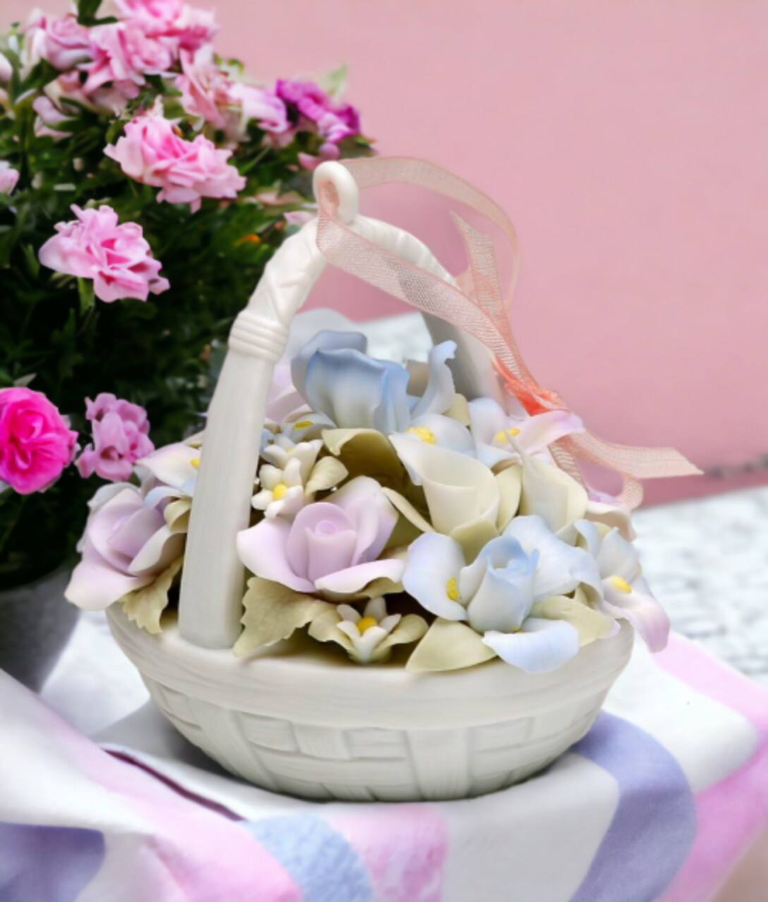 Ceramic Flower Basket Figurine, Home Décor, Gift for Her, Gift for Mom, Nature Lover Gift